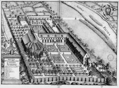 Gravierte Tafel des 17. Jahrhunderts, die die Abtei Saint-Crépin-Le-Grand de Soissons im Buch Monasticon Gallicanum darstellt von Michel Germain